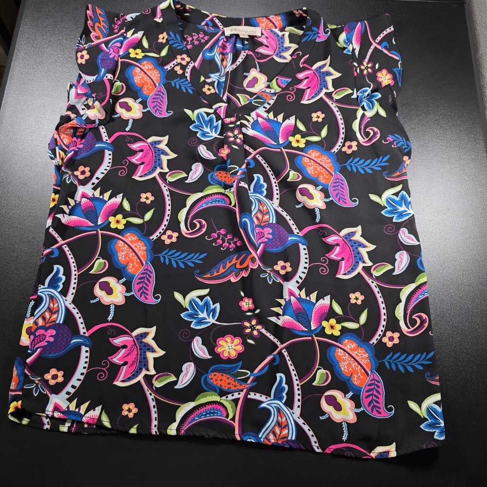Philosophy Republic Clothing Womens Black Floral Paisley Ruffle Blouse Medium